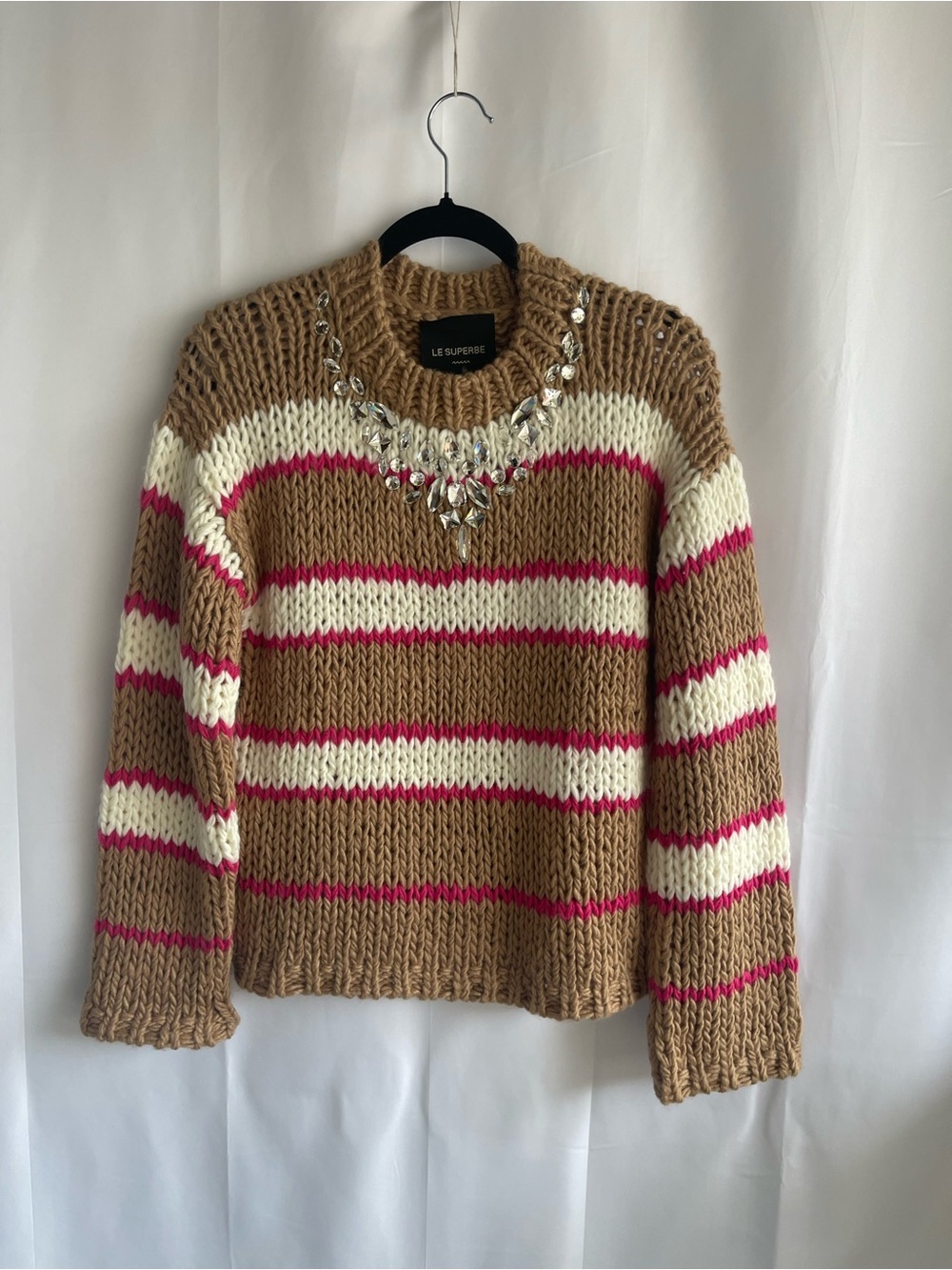 Le Superbe Women's Striped Crewneck Sweater in Tan, Cream & Pink